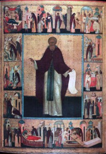 Икона Сергий Радонежский, с житием Мастерская Феодосия. Первая треть XVI в.